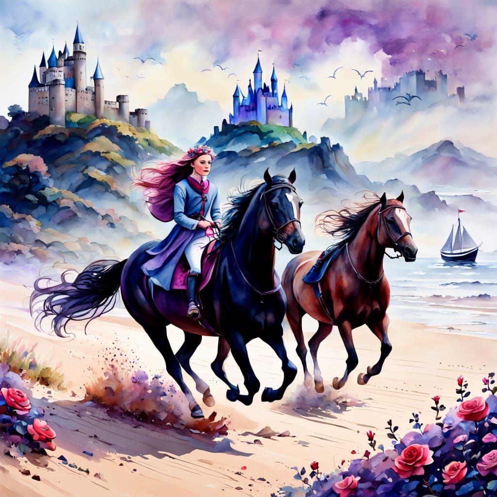 Lady on Horseback at Beach, Watercolour Style