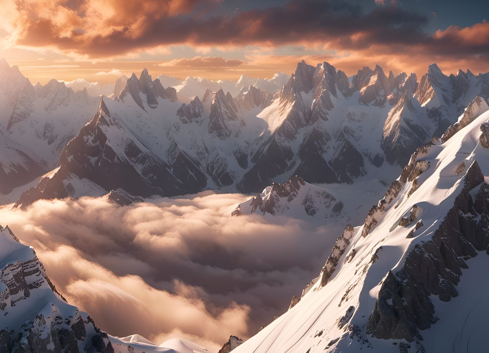 Snowy Mountain Range Matte Painting at Sunset