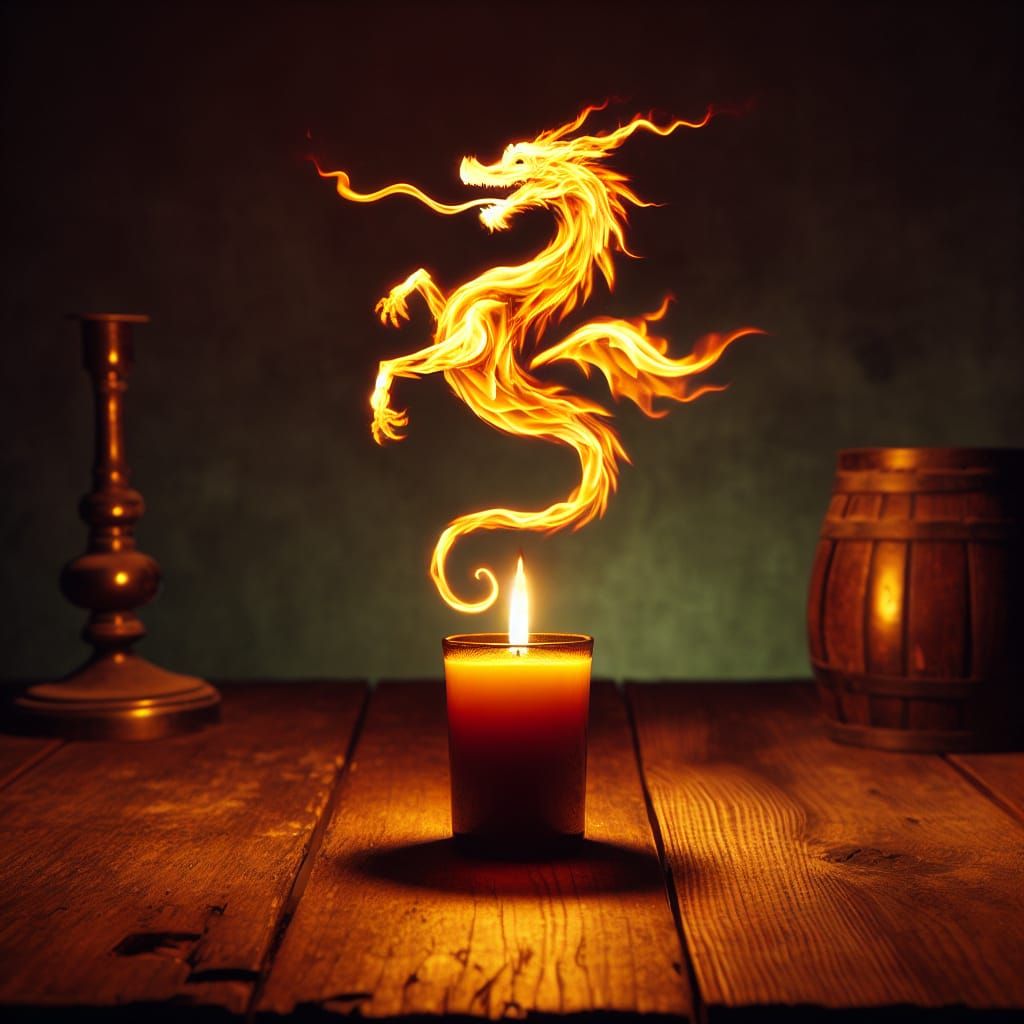 Dragon-Shaped Candle Flame on Wooden Table