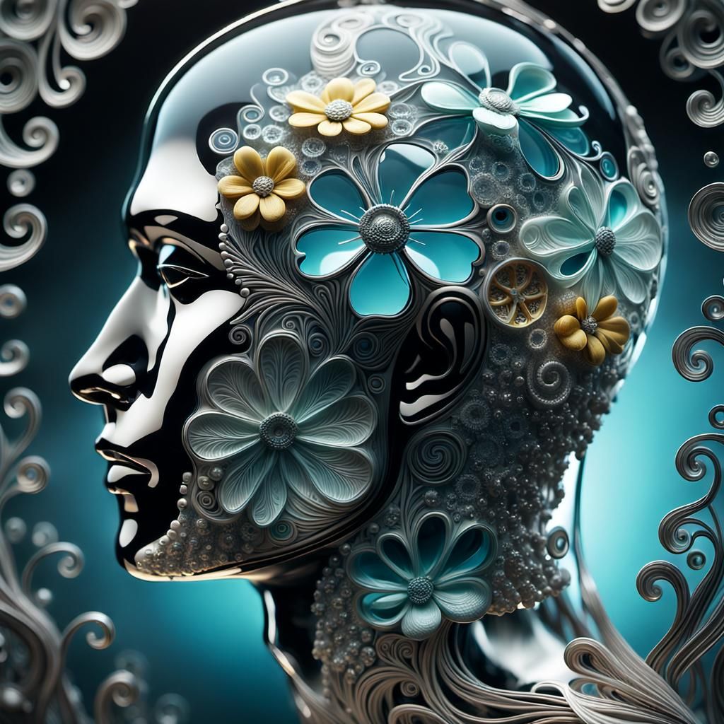 dark background,close up view,hyperrealistic, optical illusion, half made of glass humanhead with a Hope and Peace insi...