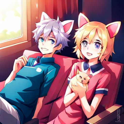 Anime-Style Boy and Girl with Animal Ears