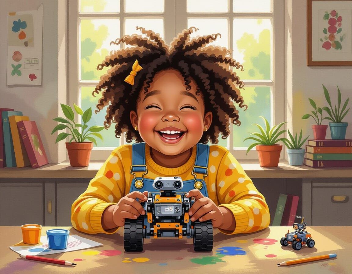 Joyful Girl with Dash Robots, Oil Gouache