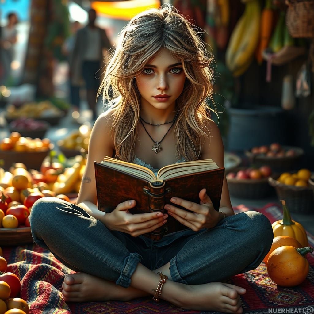 Princess Reads Amidst Bustling Market in Golden Light