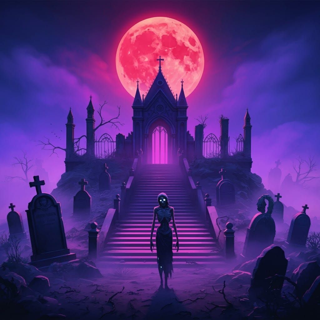 Haunting Neon Island Under Red Moon