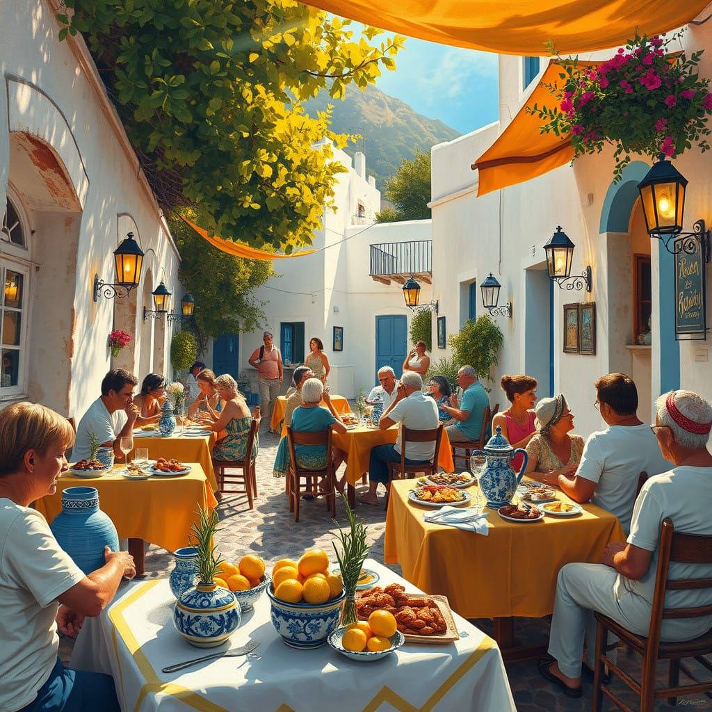 Greek Taverna Feast in Dreamy Folk-Art Style