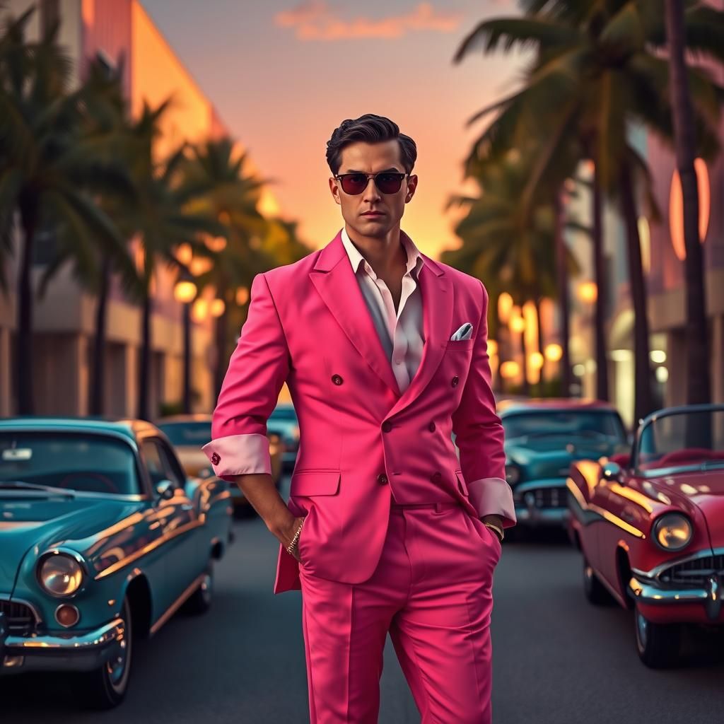 Miami Detective in Pink Suit, 80s Style