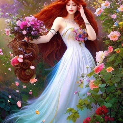 Rose Fairy Dancing in Dawn Garden, Art Nouveau