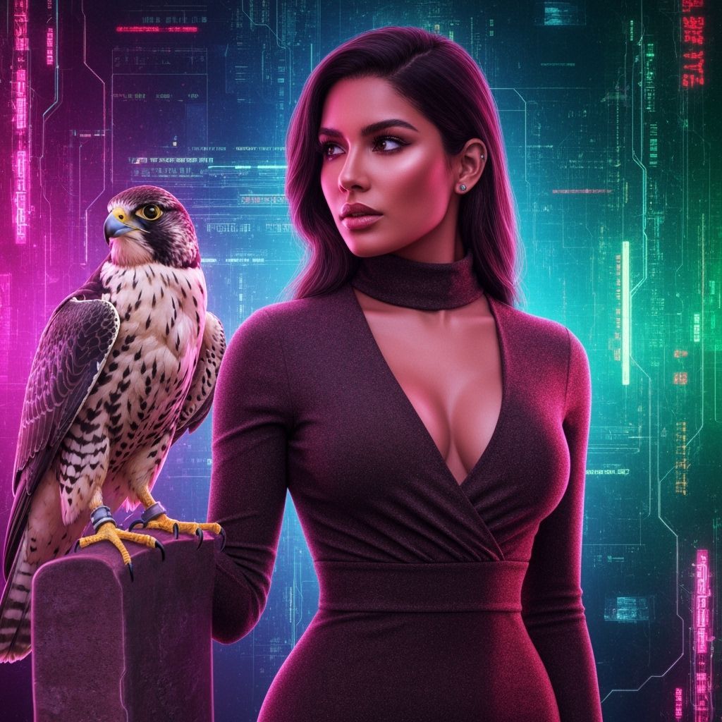 Woman with Falcon in Cyberpunk Style