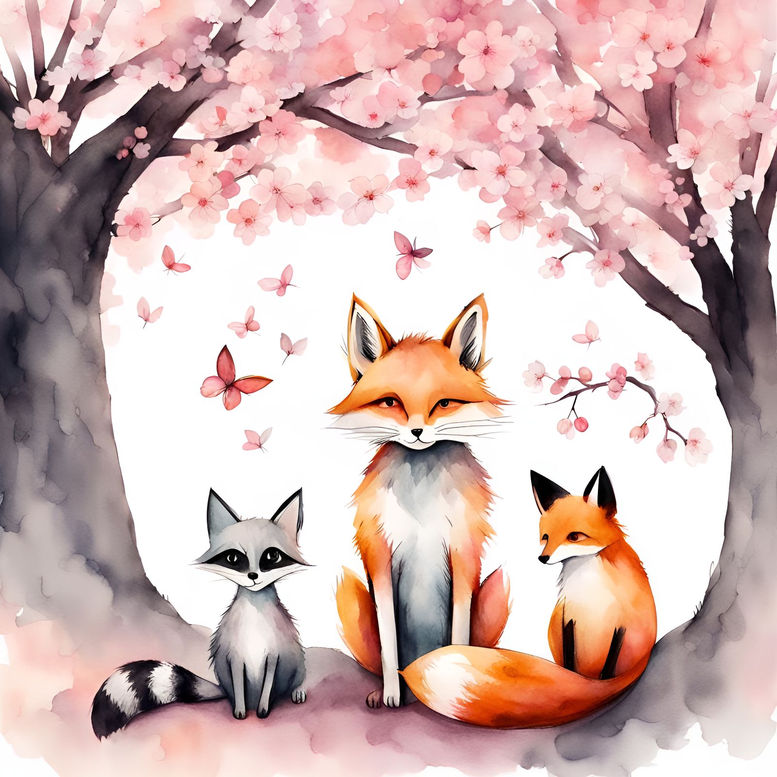 Enchanted Sakura: Cat, Fox, and Raccoon Illustration