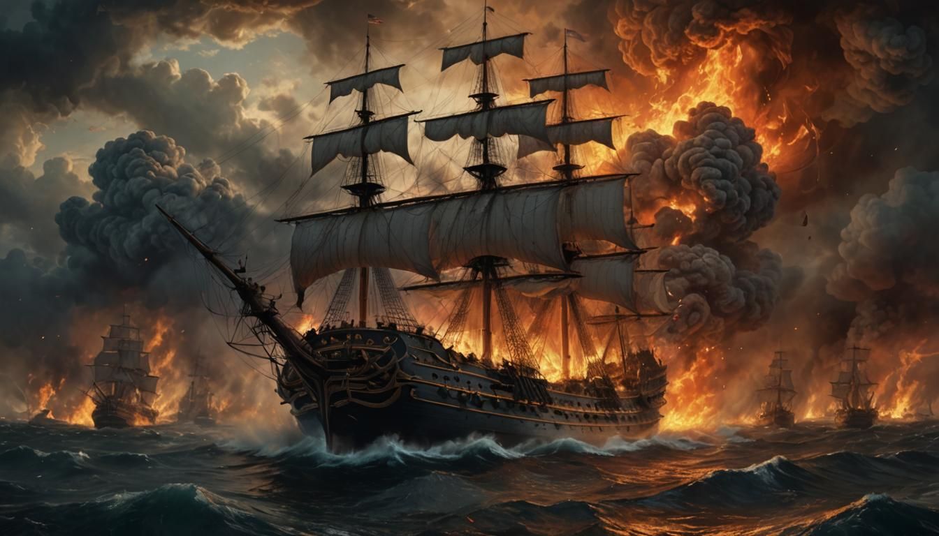 Burning Ship in Seafaring Battle: Turner-esque Oil Painting
