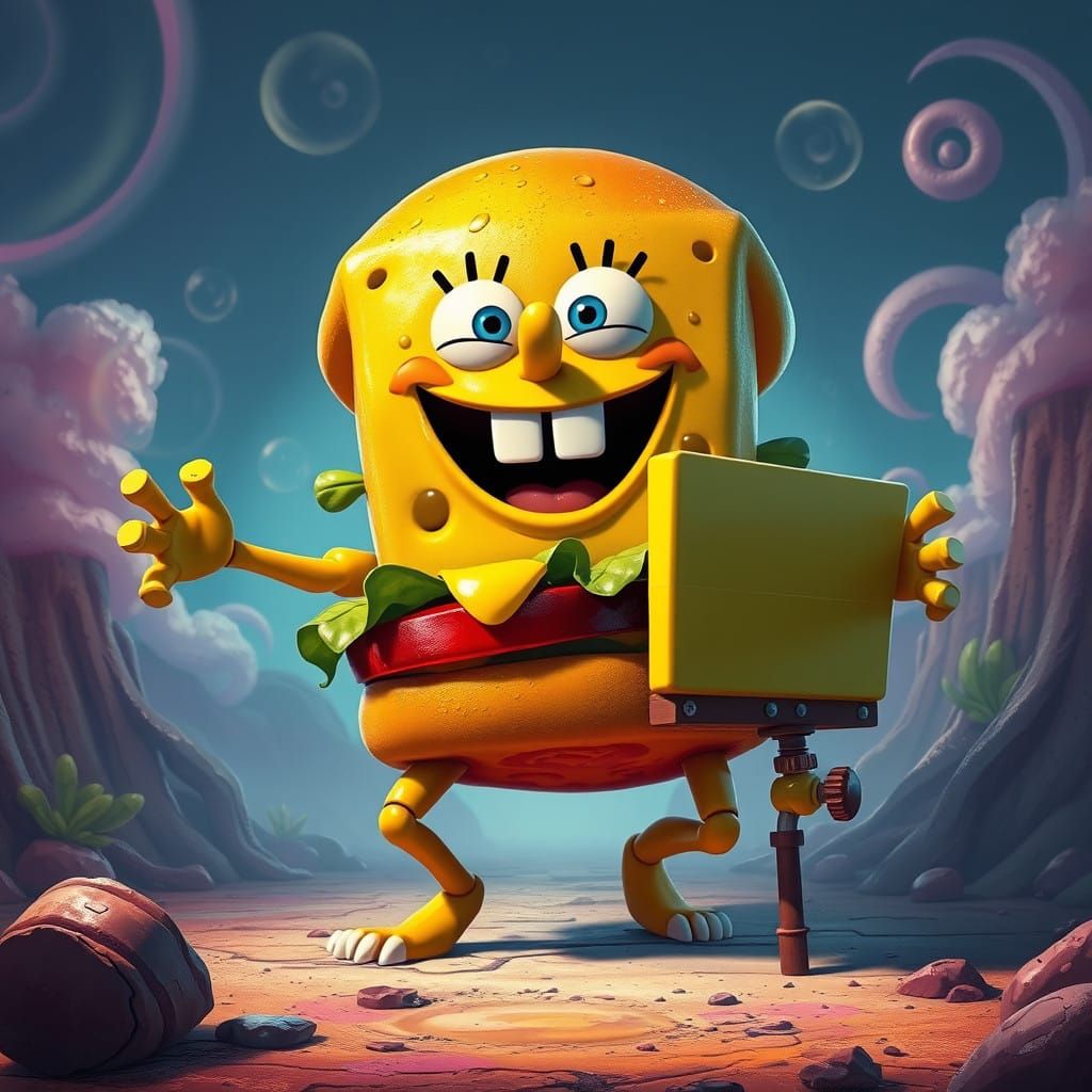 Heroic Burger Warrior Battles SpongeBob in Vibrant Cartoon L...