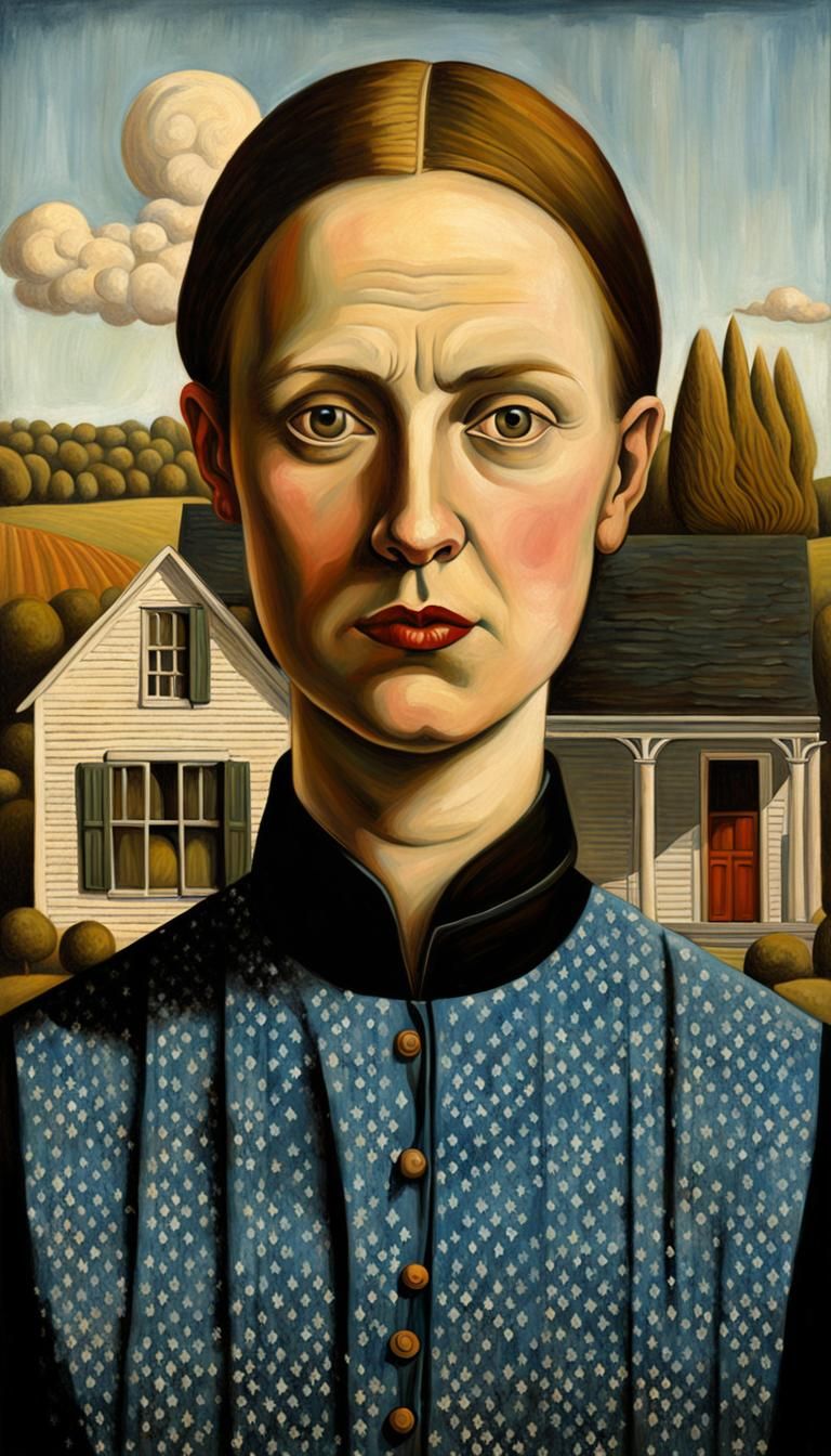 30s Woman in Classic American Gothic Art Style