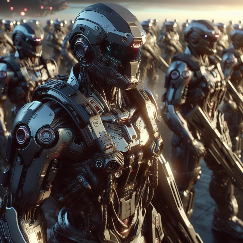 Futuristic Soldiers in Advanced Armor on Battlefield