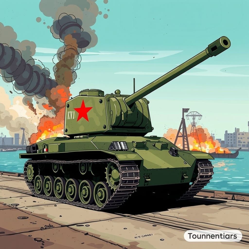 KV-2 Tank Stands at Urban Crossing, Firing in a Surreal Comi...