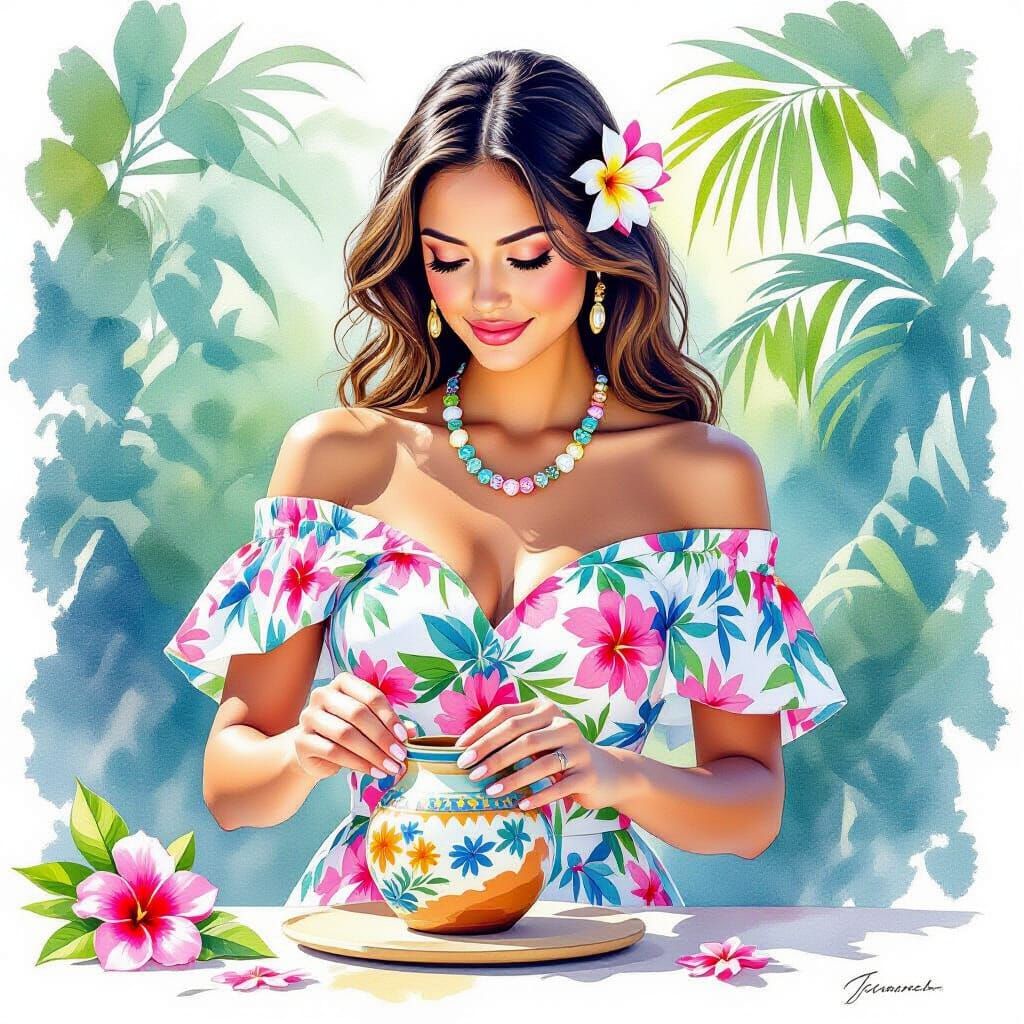 Woman in Hawaiian Island Dress Crafting Ceramic Pot