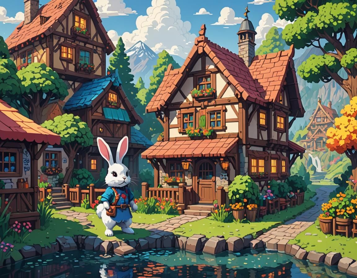 Rabbit Adventurer Outside Inn in Pixel Art