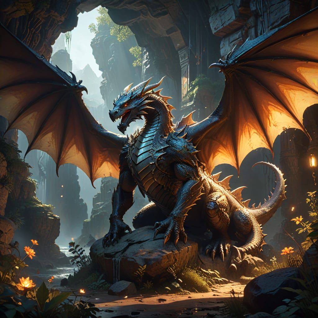 Dragon Scolding Drakling in Cave, Fantasy Art