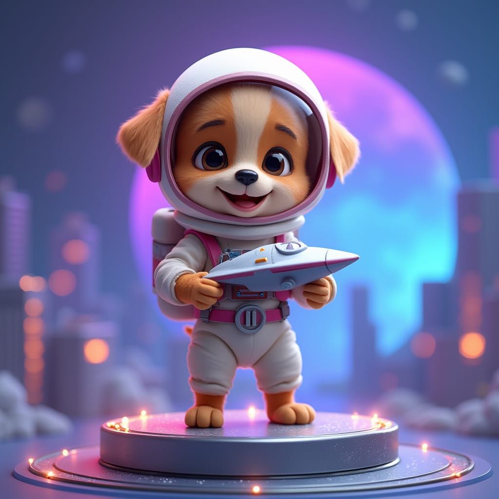 Puppy Astronaut in Vibrant Futuristic Cityscape