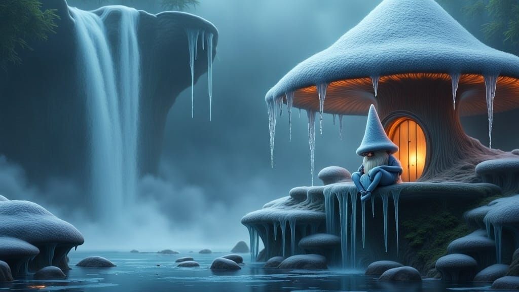 Gnome in Mushroom House: Ethereal Watercolor Fantasy