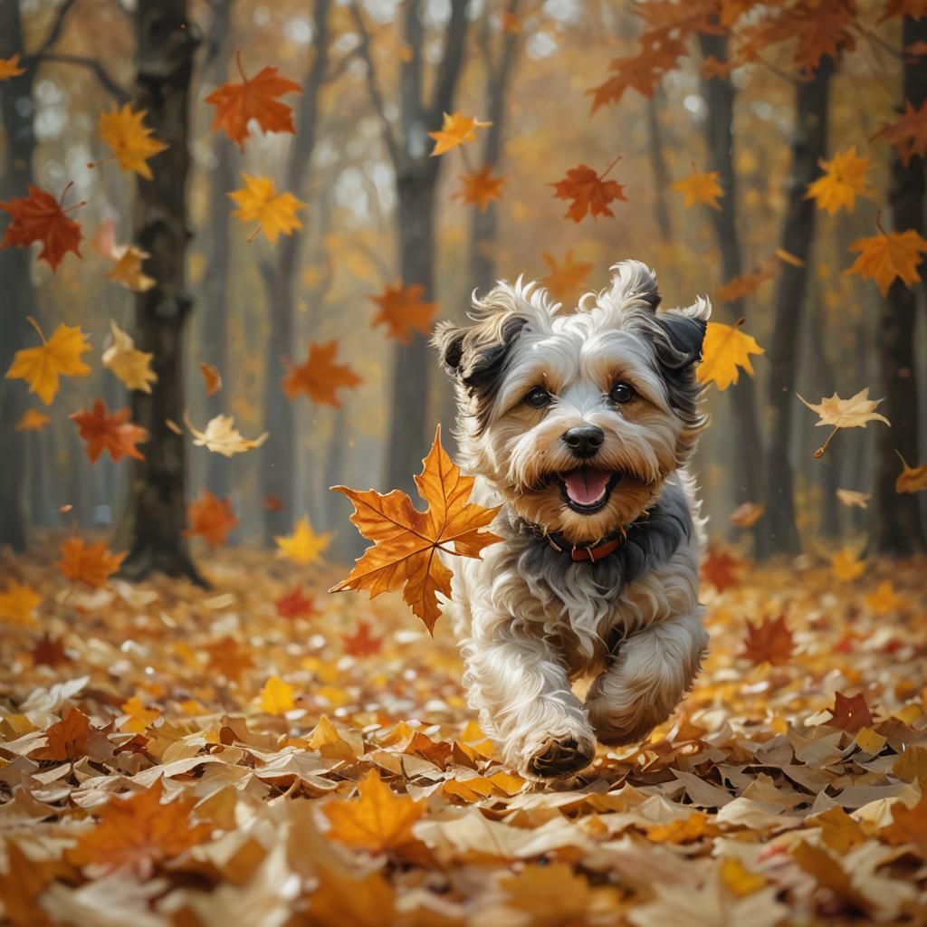Dog Chasing Leaf in Autumn Forest Oil Painting