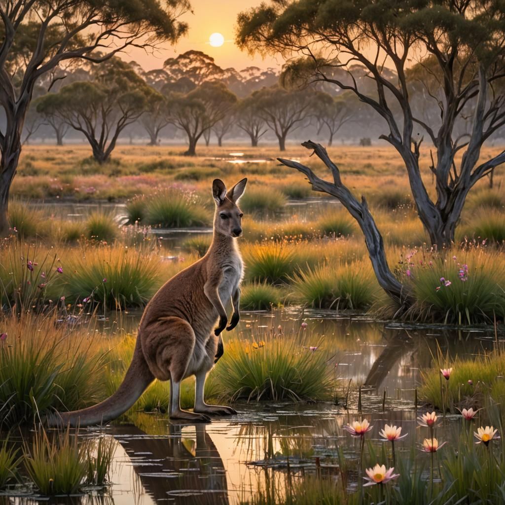 Kangaroo on Open Plain at Dawn: Matte Painting