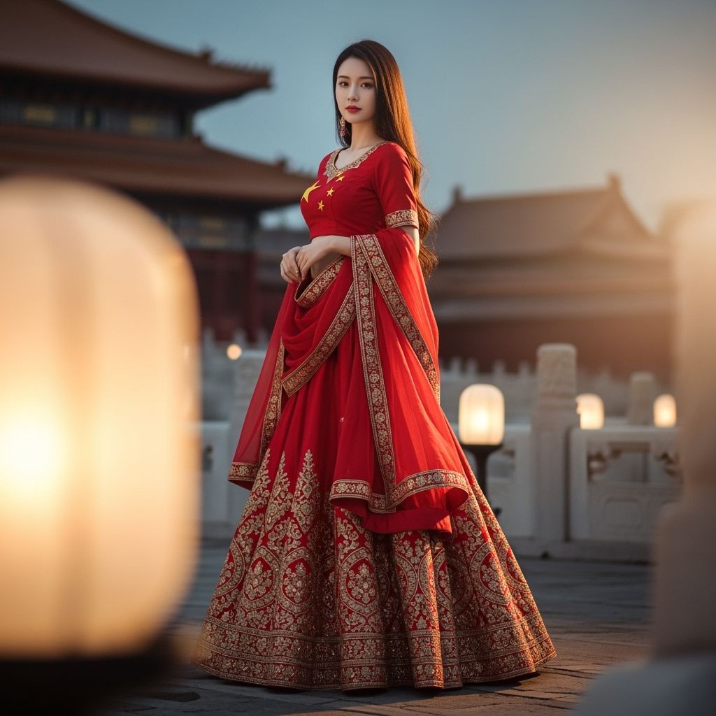 Elegant Chinese Woman in Red and Gold Lehenga