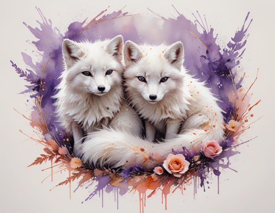 Arctic Fox Kits in Winter Wonderland: Watercolor Painting