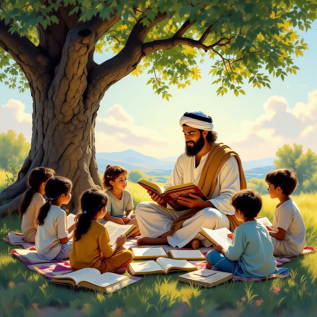 Prophet Idris Teaching Children Under a Tree in Digital Pain...