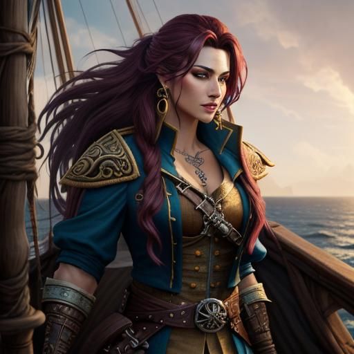 Pirate Captain at Helm in High Fantasy Style