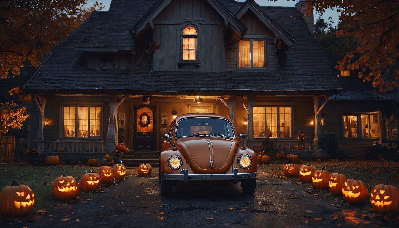 Hyperrealistic Halloween House with Classic Car at Dusk