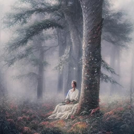 Serene Woman in Peaceful Forest: Ethereal Oil Painting