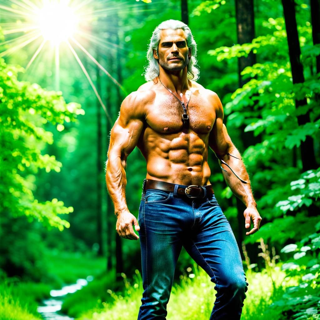 Shirtless Geralt in Jeans with Forest Background