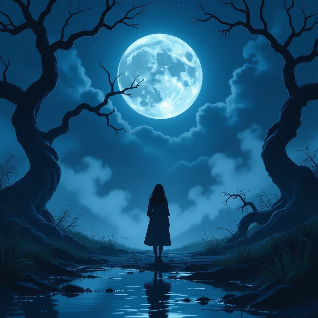 Eerie Moonlit Scene with Twisted Trees