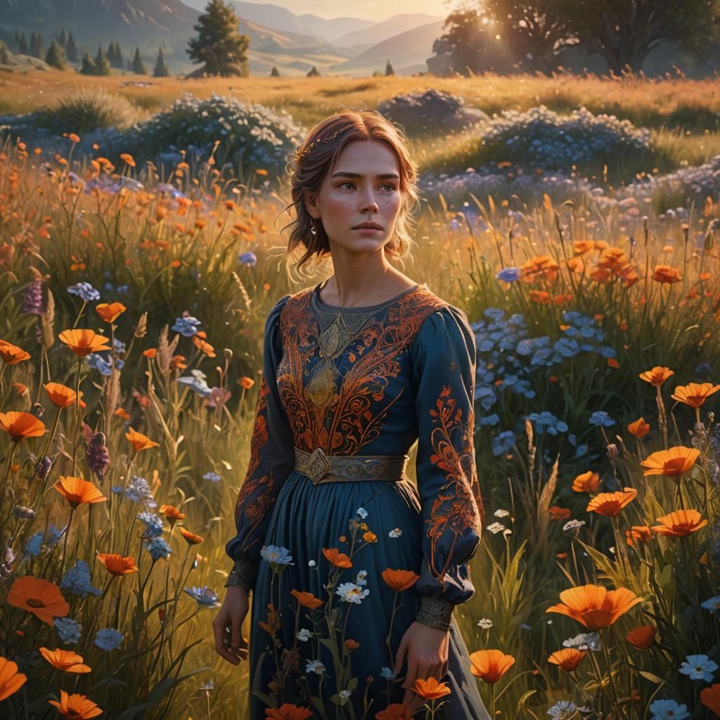 Woman in Sunlit Meadow: Fantasy Concept Art