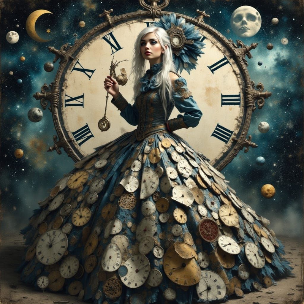 Clock Keeper Woman Repairing Dreams in Surreal Celestial Sty...