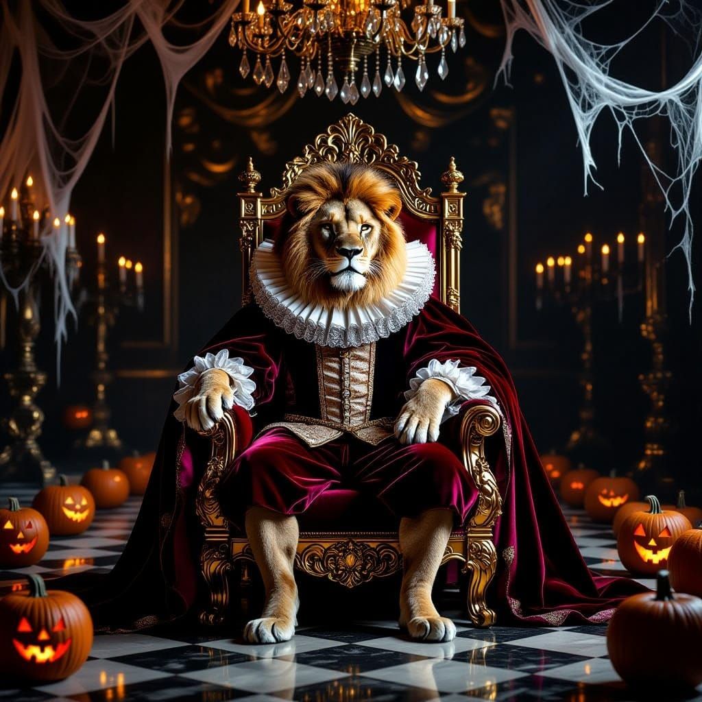 Lion King in Elizabethan Ruff on Throne
