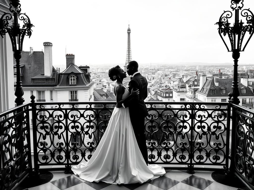 Romantic Parisian Embrace on Monochromatic Balcony