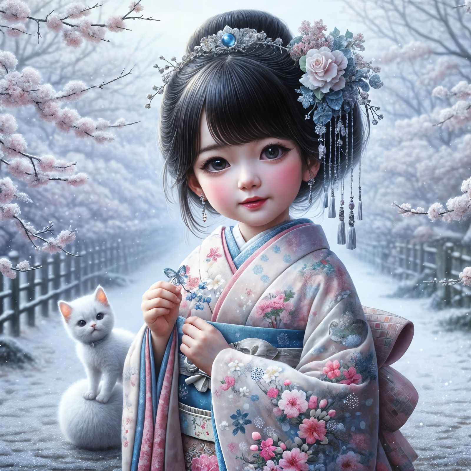 Delicate Japanese Girl amidst Cherry Blossoms and Snow