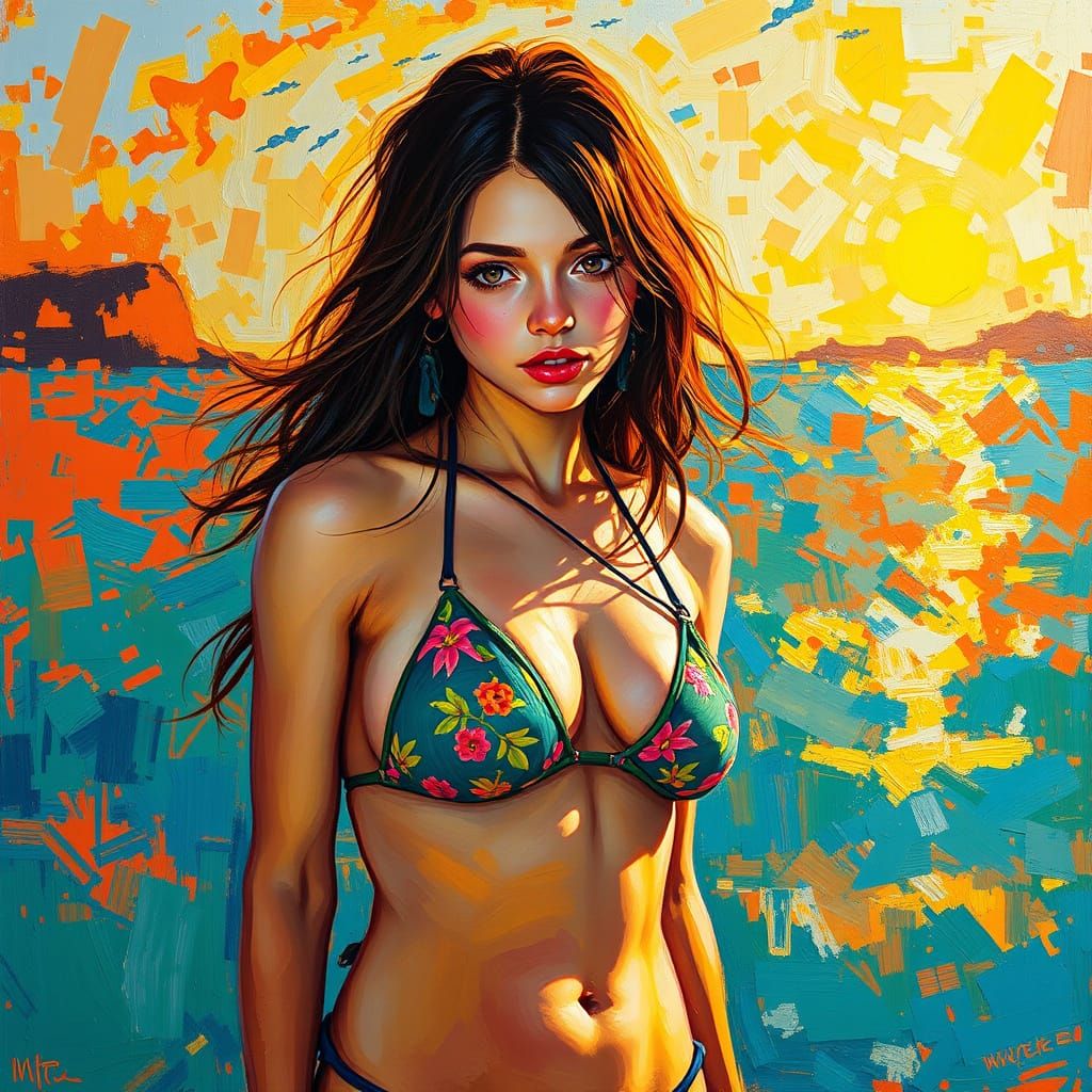 Neo-Impressionist Oil Painting of Woman in Bikini