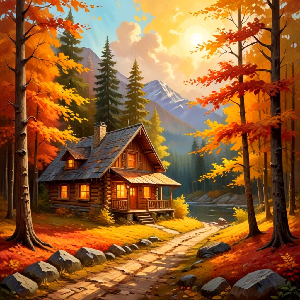 Cabin in Autumn Forest as Impasto Painting