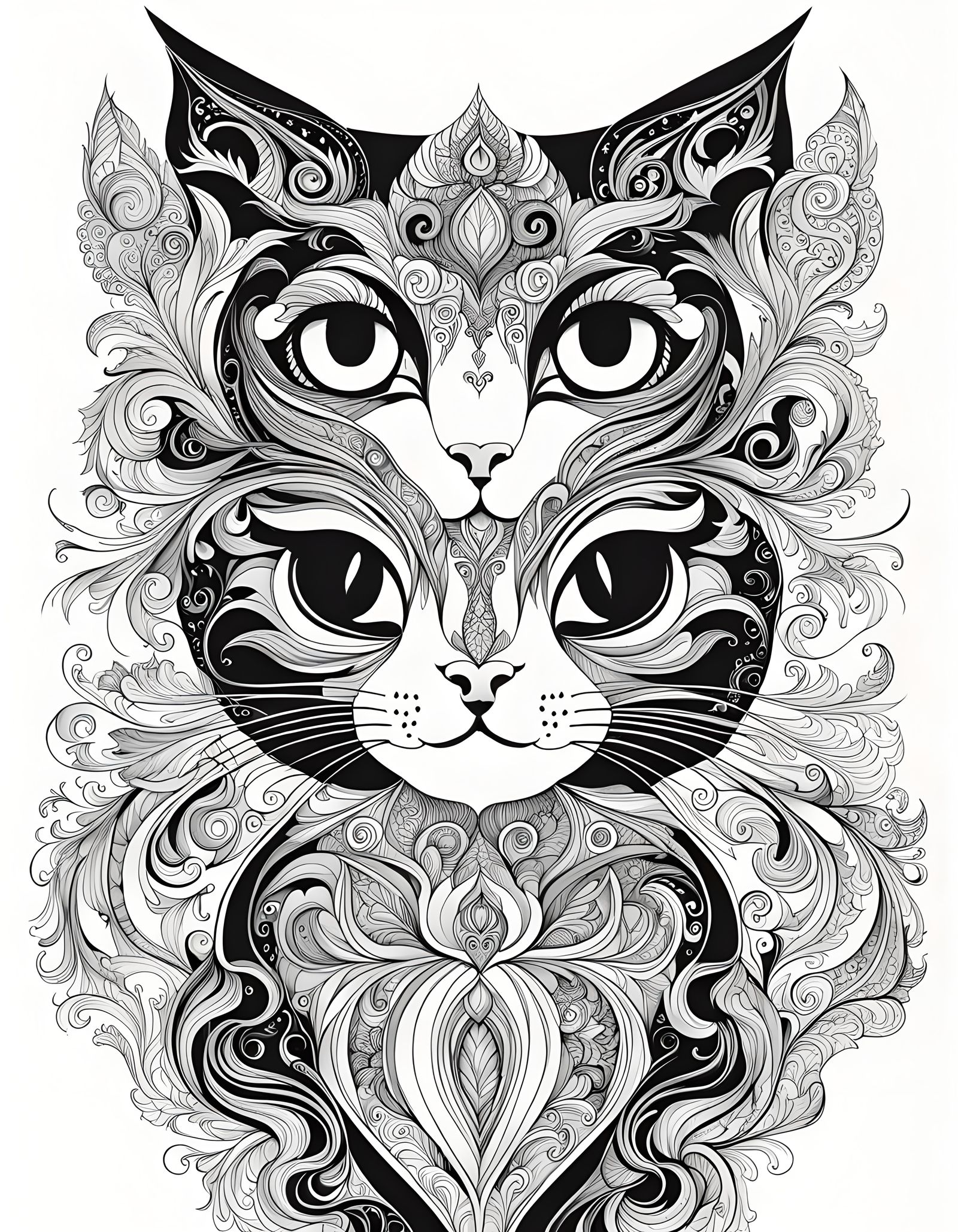 Whimsical Cosmic Cat in Black Ink Style