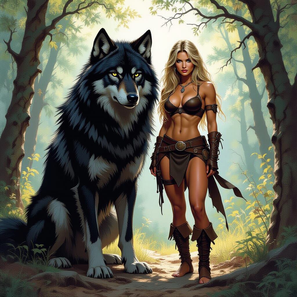 Athletic Woman and Wolf in Dark Fantasy Style
