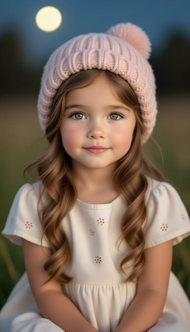 Hyperrealistic Photo of Girl in Moonlit Meadow