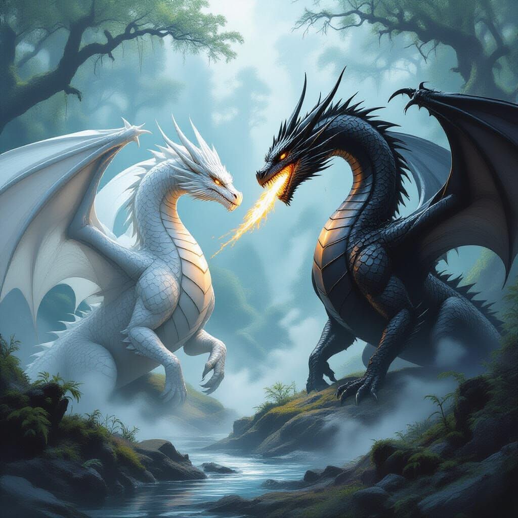 Dragons Clash in Mystical Forest, Fantasy Art