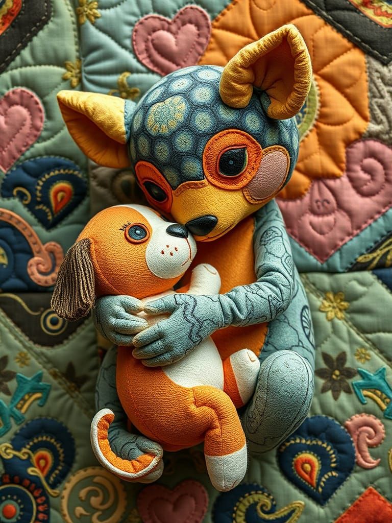 Cute Patchwork Plush Creature Plays With Puppy