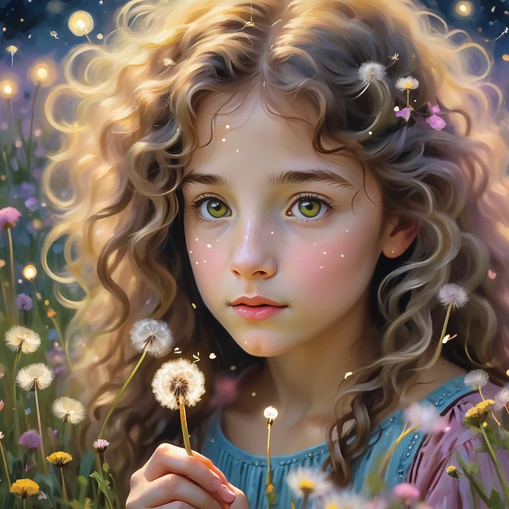 Impressionist Girl Blowing Dandelion in Moonlit Meadow