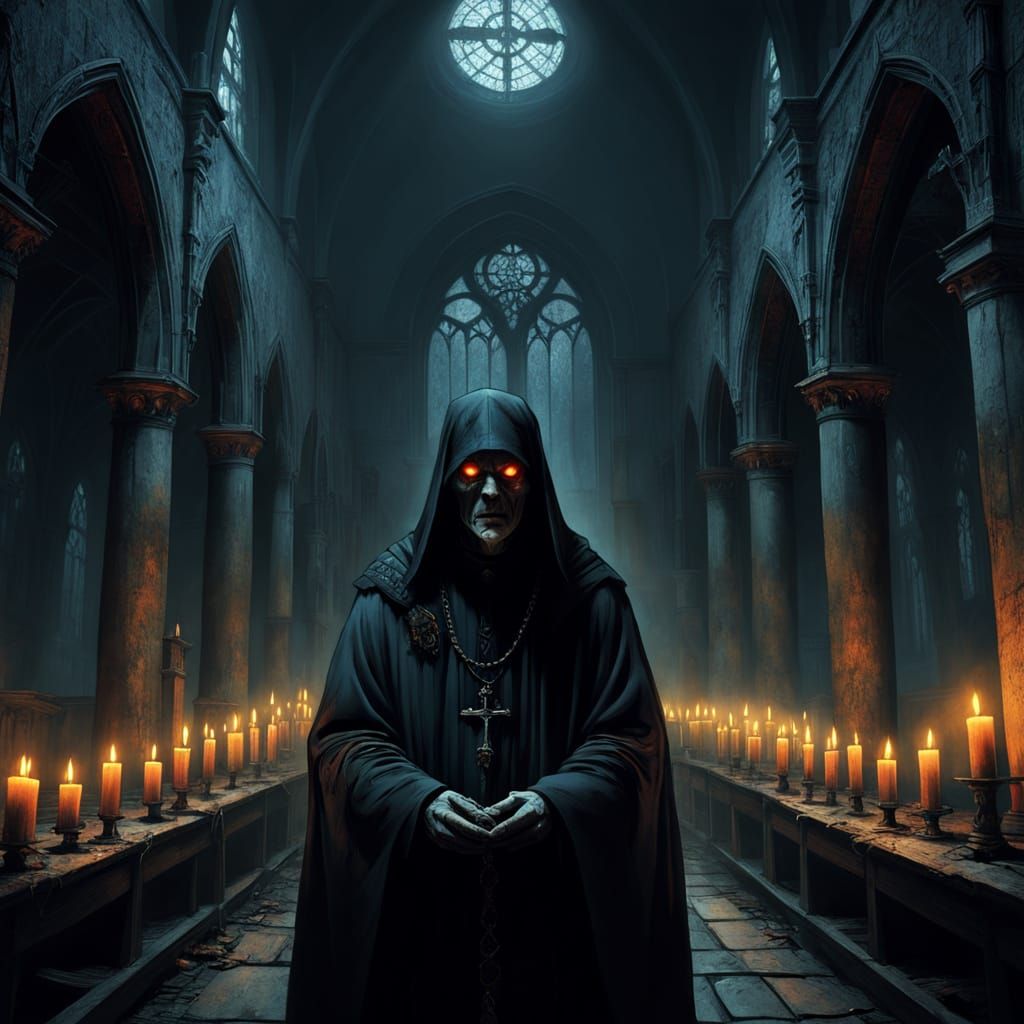 Gothic Dark Fantasy Priest in Desecrated Chapel