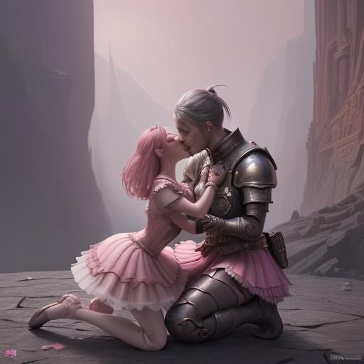 Pink Ballerina Princess & Grey Tin Soldier Knight Special Kiss