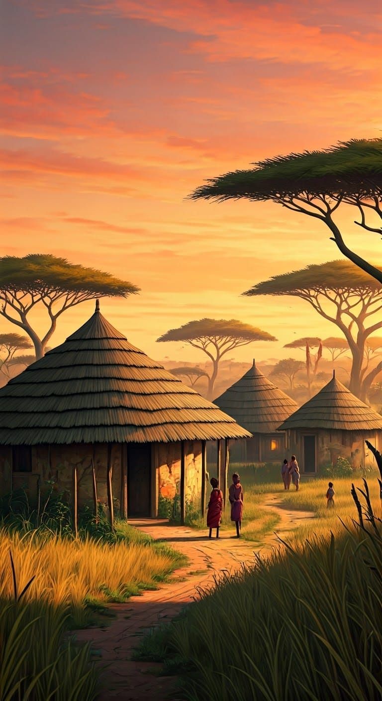 African Village Sunrise in Dreamlike Digital Painting Style