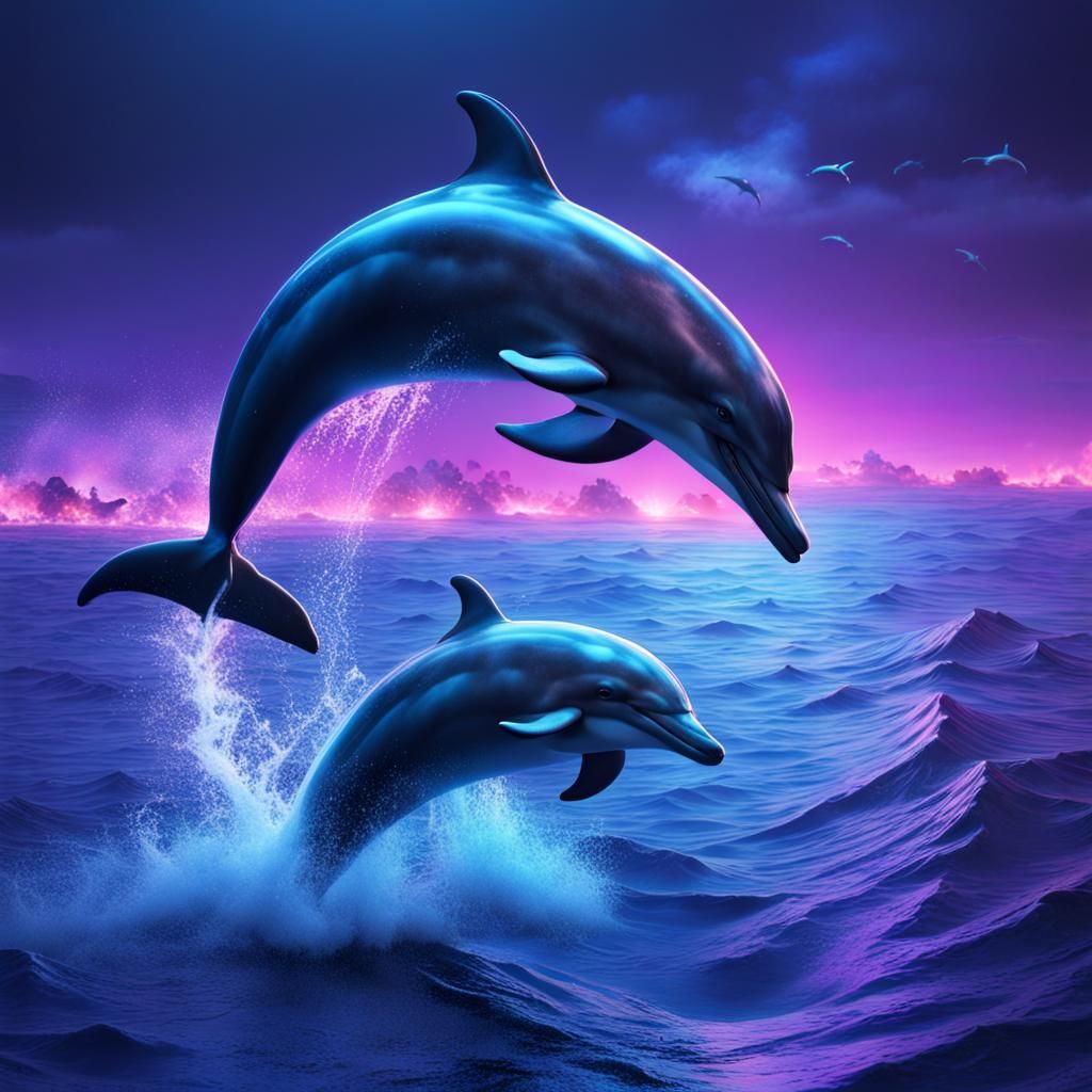 Blacklight Dolphins Jumping at Night: Fantasy Art